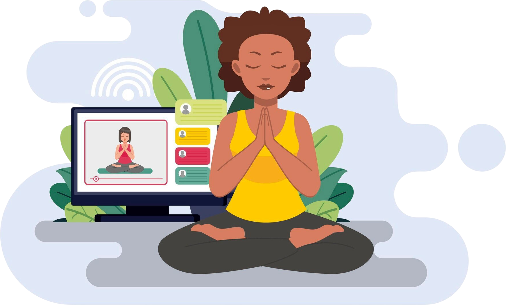 Woman sitting in meditation with laptop